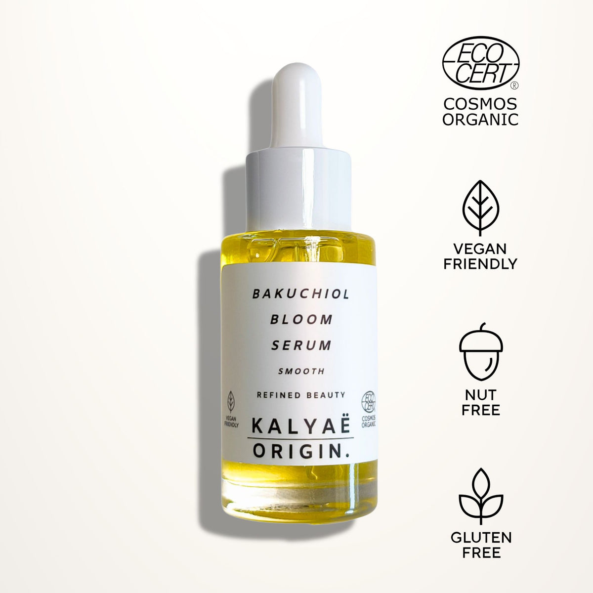 Bakuchiol Bloom Serum, sérum lissant au bakuchiol, certifié COSMOS ORGANIC 30 ml presenté sur fond clair avec logos Ecocert, Vegan Friendly, Nut Free et Gluten Free – KALYAË ORIGIN
