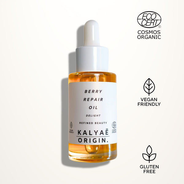 Berry Repair Oil, huile réparatrice, certifiée COSMOS ORGANIC 30 ml presentée sur fond clair avec logos Ecocert, Vegan Friendly et Gluten Free – KALYAË ORIGIN
