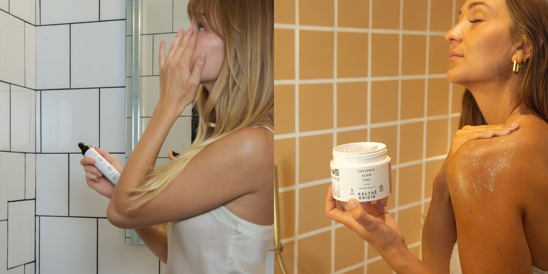 Daily Youth Cream 50 ml et Volcanic Glow Peel 170 ml certifiés COSMOS NATURAL présentés en application dans une salle de bain par deux mannequins – KALYAË ORIGIN