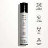 Daily Youth Cream, crème anti-âge,  certifiée COSMOS NATURAL 50 ml presentée sur fond clair avec logos Ecocert, Vegan Friendly, Nut Free et Gluten Free – KALYAË ORIGIN
