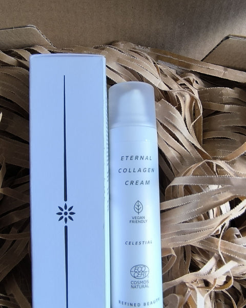Eternal Collagen Cream crème anti-âge certifiée COSMOS NATURAL 50 ml présenté en avis client avec emballage – KALYAË ORIGIN