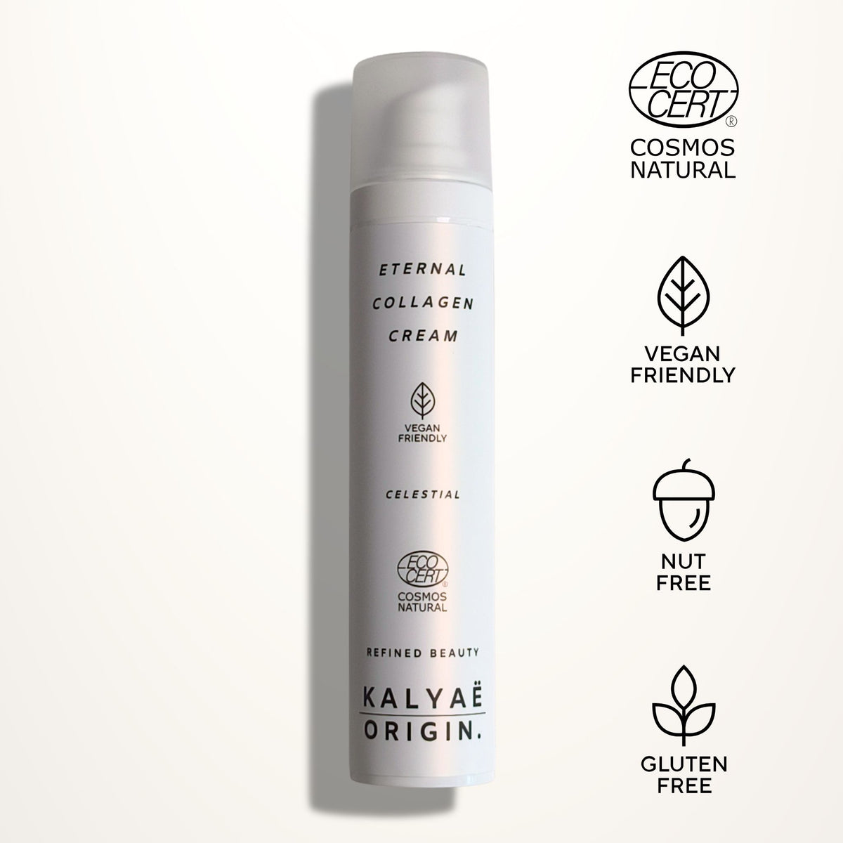 Eternal Collagen Cream, crème raffermissante, certifiée COSMOS NATURAL 50 ml presentée sur fond clair avec logos Ecocert, Vegan Friendly, Nut Free et Gluten Free – KALYAË ORIGIN