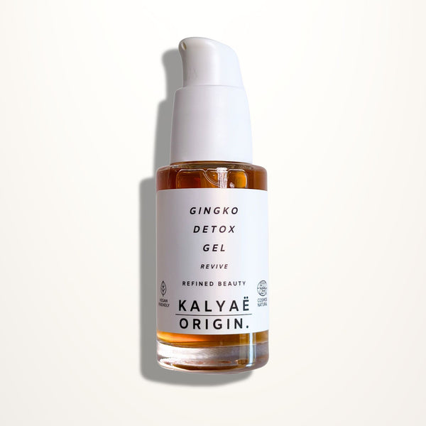 Gingko Detox Gel détoxifiant certifié COSMOS NATURAL 30 ml présenté sur fond clair – KALYAË ORIGIN