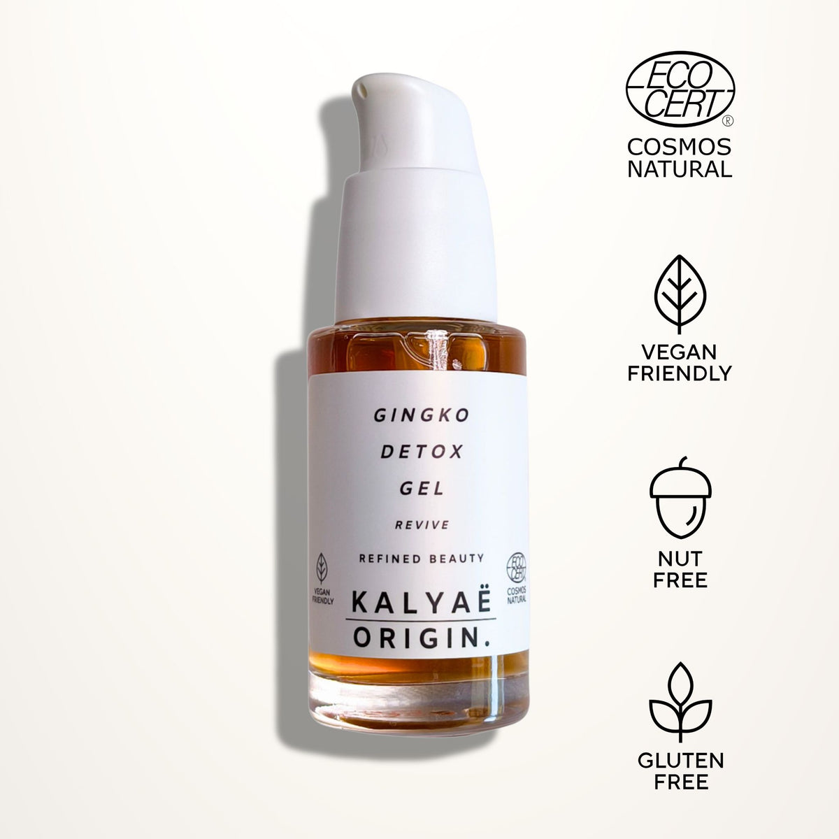 Gingko Detox Gel, del détox, certifié COSMOS NATURAL 30 ml presenté sur fond clair avec logos Ecocert, Vegan Friendly, Nut Free et Gluten Free – KALYAË ORIGIN