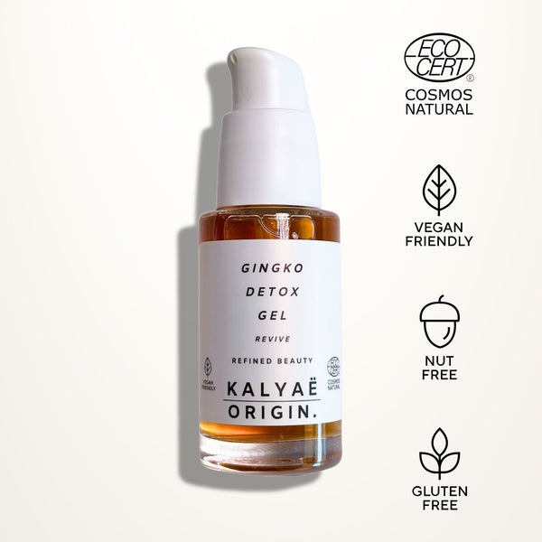 Gingko Detox Gel, del détox, certifié COSMOS NATURAL 30 ml presenté sur fond clair avec logos Ecocert, Vegan Friendly, Nut Free et Gluten Free – KALYAË ORIGIN