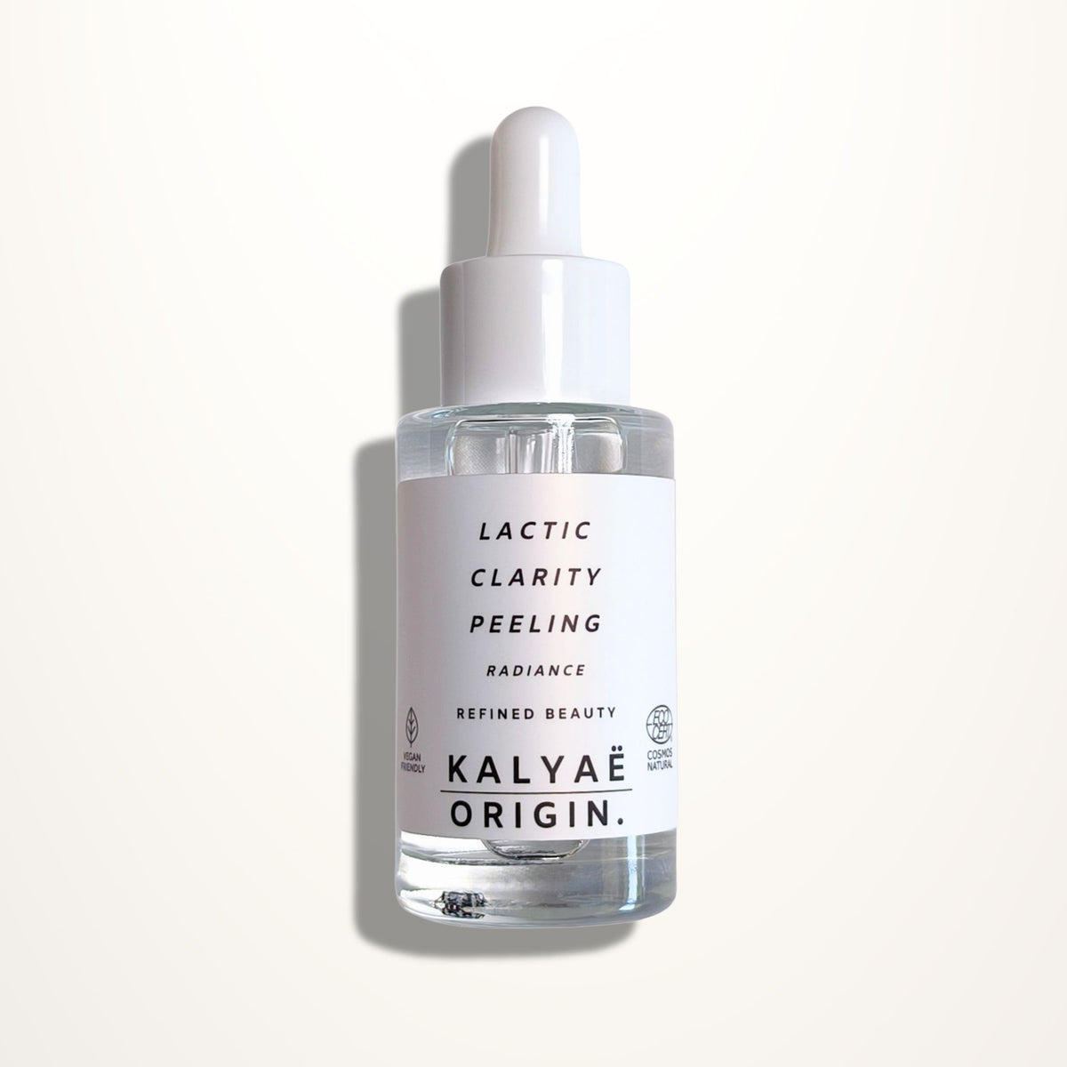 Lactic Clarity Peeling peeling lactique éclat certifié COSMOS NATURAL 30 ml présenté sur fond clair – KALYAË ORIGIN