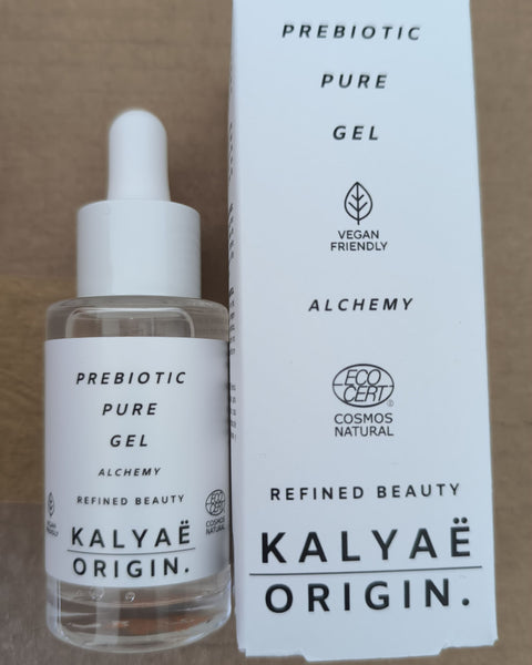 Prebiotic Pure Gel équilibrant visage certifié COSMOS NATURAL 30 ml présenté sur sa boîte d’envoi cartonnée – KALYAË ORIGIN