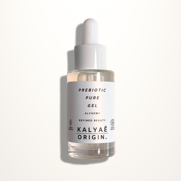 Prebiotic Pure Gel hydratant et équilibrant aux prébiotiques certifié COSMOS NATURAL 30 ml présenté sur fond clair – KALYAË ORIGIN