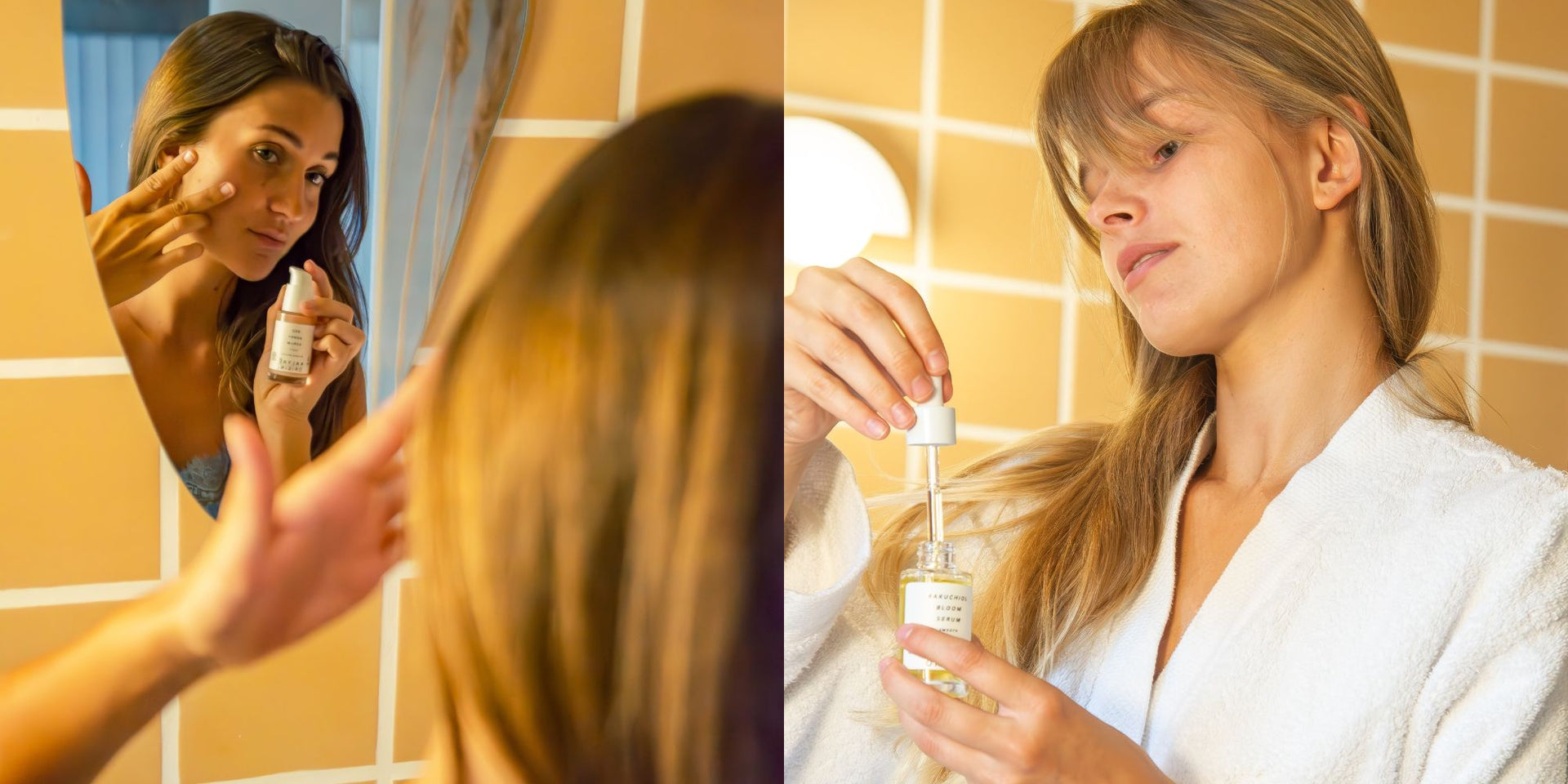 Red Berry Serum et Bakuchiol Bloom Serum soins naturels certifiés COSMOS NATURAL et ORGANIC 30 ml présentés en application dans une salle de bain – KALYAË ORIGIN

