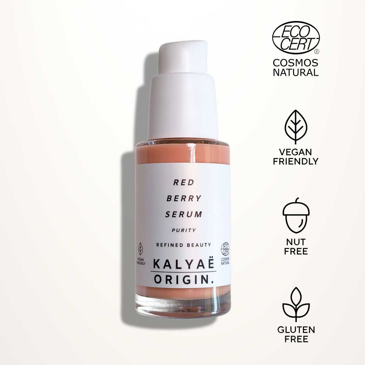 Red Berry Serum, sérum repulpant, certifié COSMOS NATURAL 30 ml presenté sur fond clair avec logos Ecocert, Vegan Friendly, Nut Free et Gluten Free – KALYAË ORIGIN