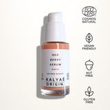 Red Berry Serum, sérum repulpant, certifié COSMOS NATURAL 30 ml presenté sur fond clair avec logos Ecocert, Vegan Friendly, Nut Free et Gluten Free – KALYAË ORIGIN
