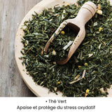 Feuilles de Thé Vert utilisées dans les soins KALYAË ORIGIN, reconnues pour apaiser la peau et la protéger du stress oxydatif.